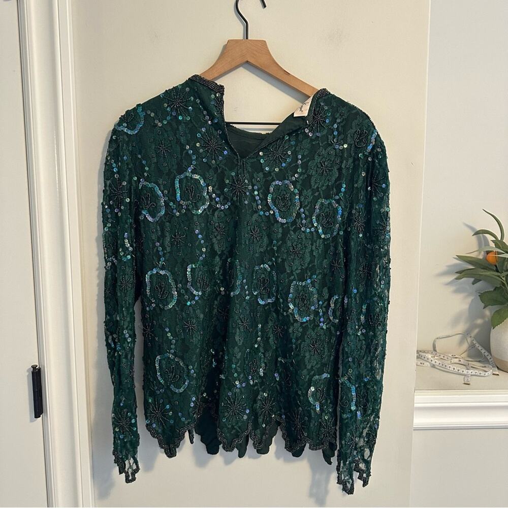 Vintage Laurence Kazar Green Beaded Sequin Shirt and Skirt Set PL - Picture 16 of 16